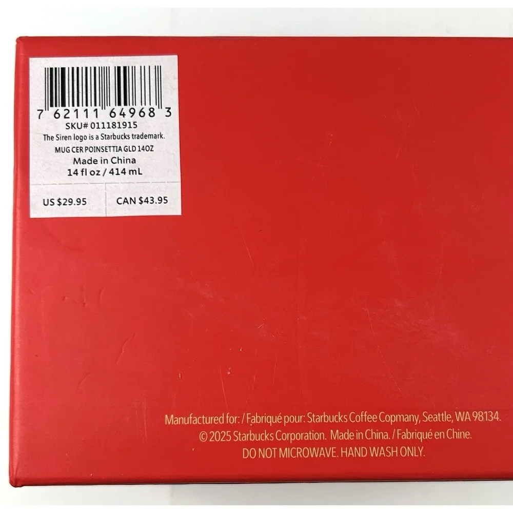 Starbucks Poinsettia Gold Ceramic Mug 14 oz Red Holiday Gift Box NIB 2025